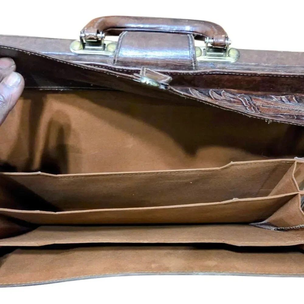Vintage Mexican Hand Tooled Leather Briefcase Aztec Warrior Eagle Calendar Brown